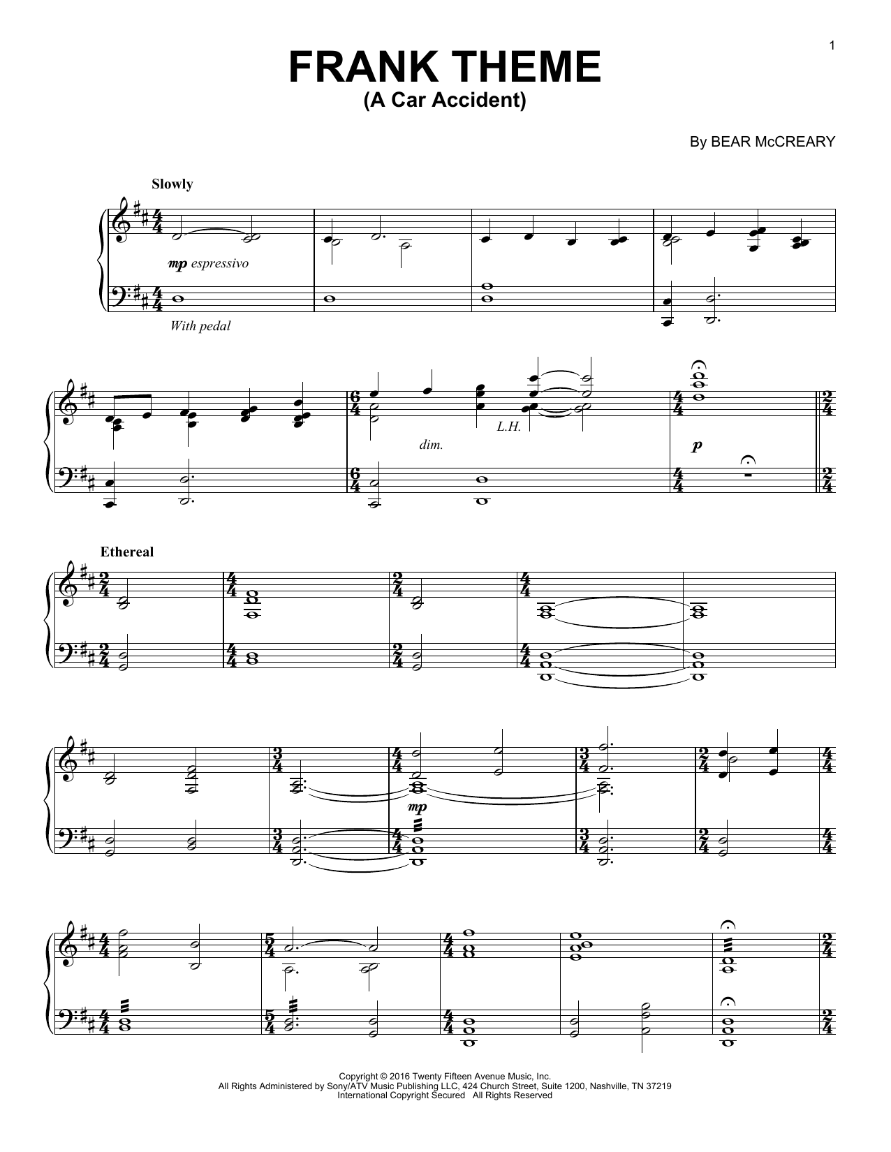 Bear McCreary Frank Theme (A Car Accident) (from Outlander) sheet music notes and chords arranged for Piano Solo