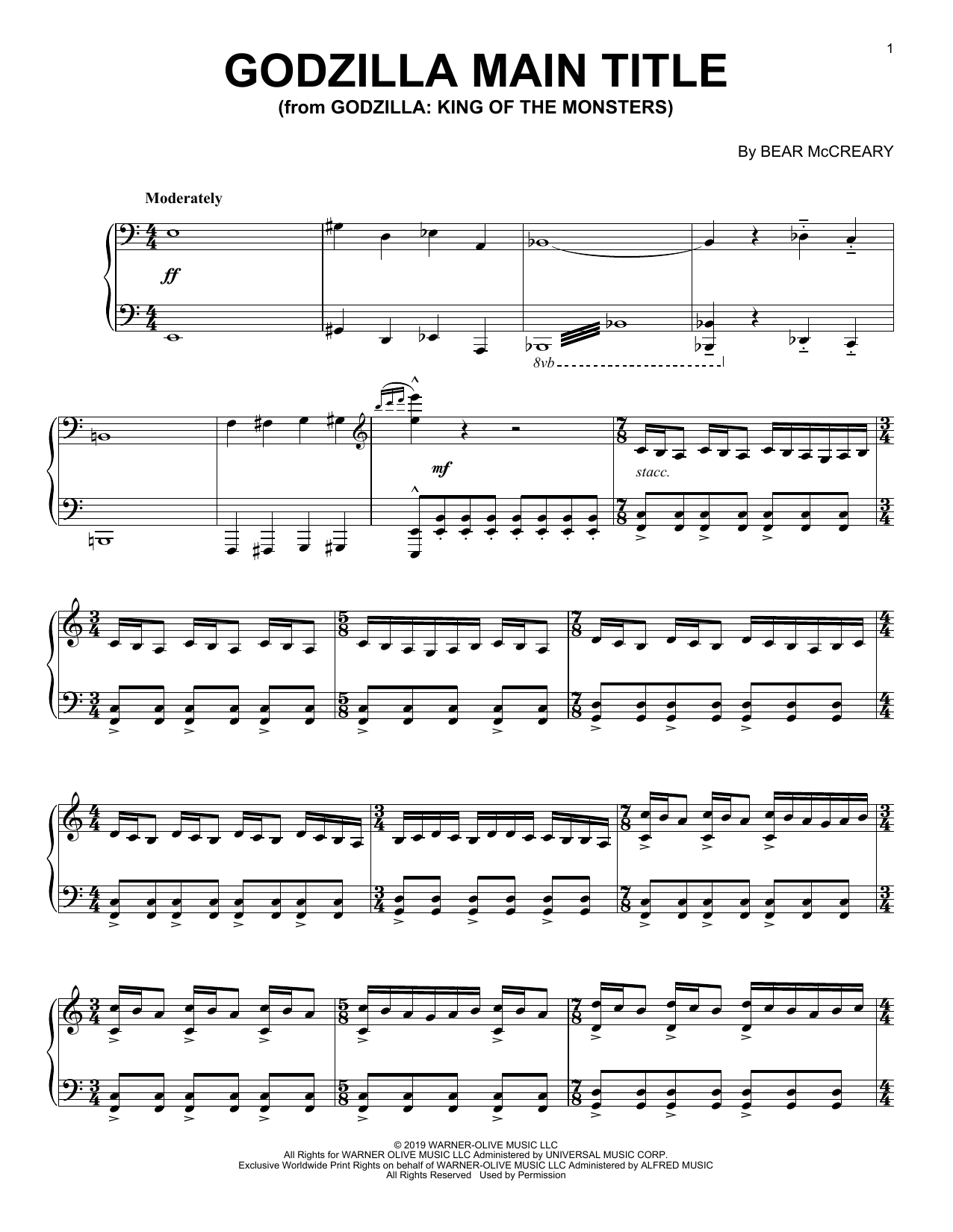 Bear McCreary Godzilla: King Of The Monsters (Main Title) sheet music notes and chords arranged for Piano Solo
