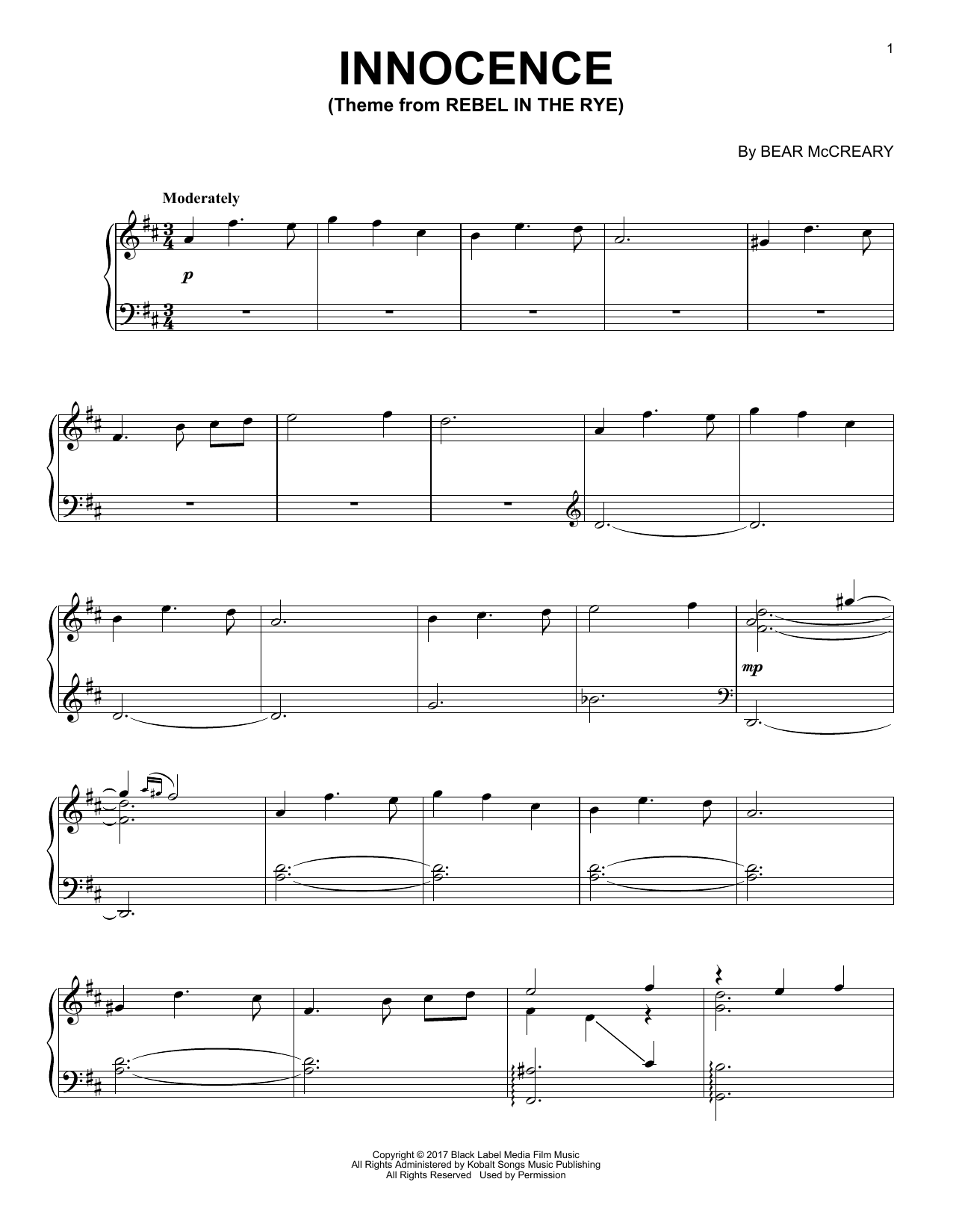 Bear McCreary Innocence (from Rebel In The Rye) sheet music notes and chords arranged for Piano Solo