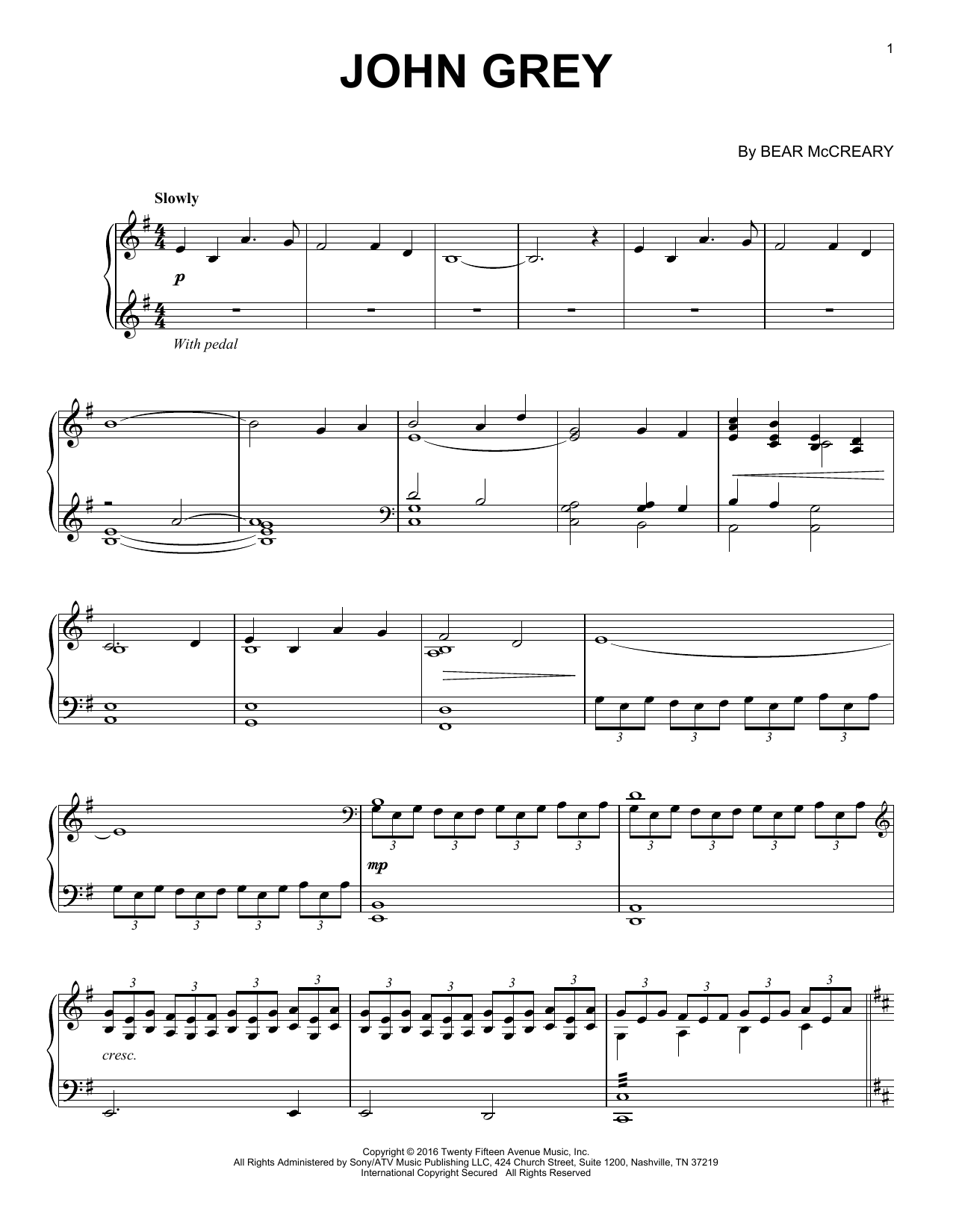 Bear McCreary John Grey (from Outlander) sheet music notes and chords arranged for Piano Solo