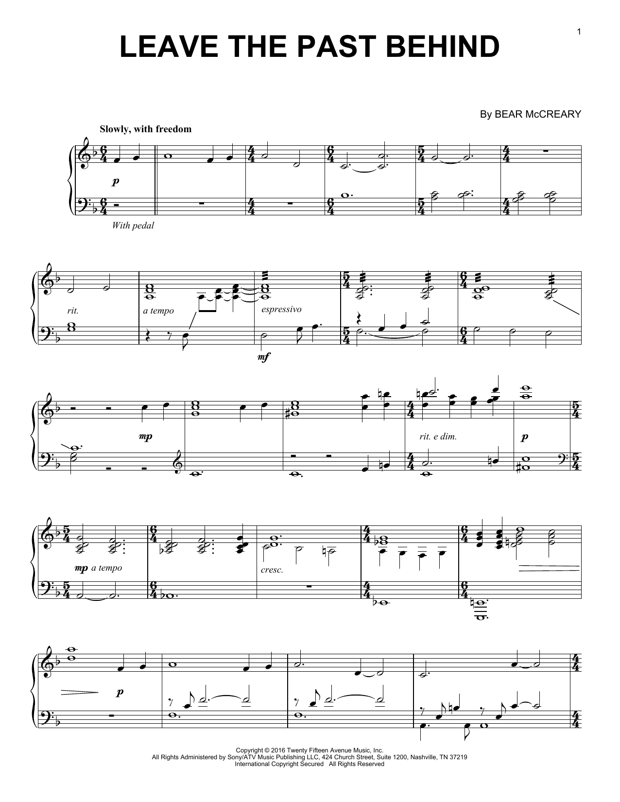 Bear McCreary Leave The Past Behind (from Outlander) sheet music notes and chords arranged for Piano Solo