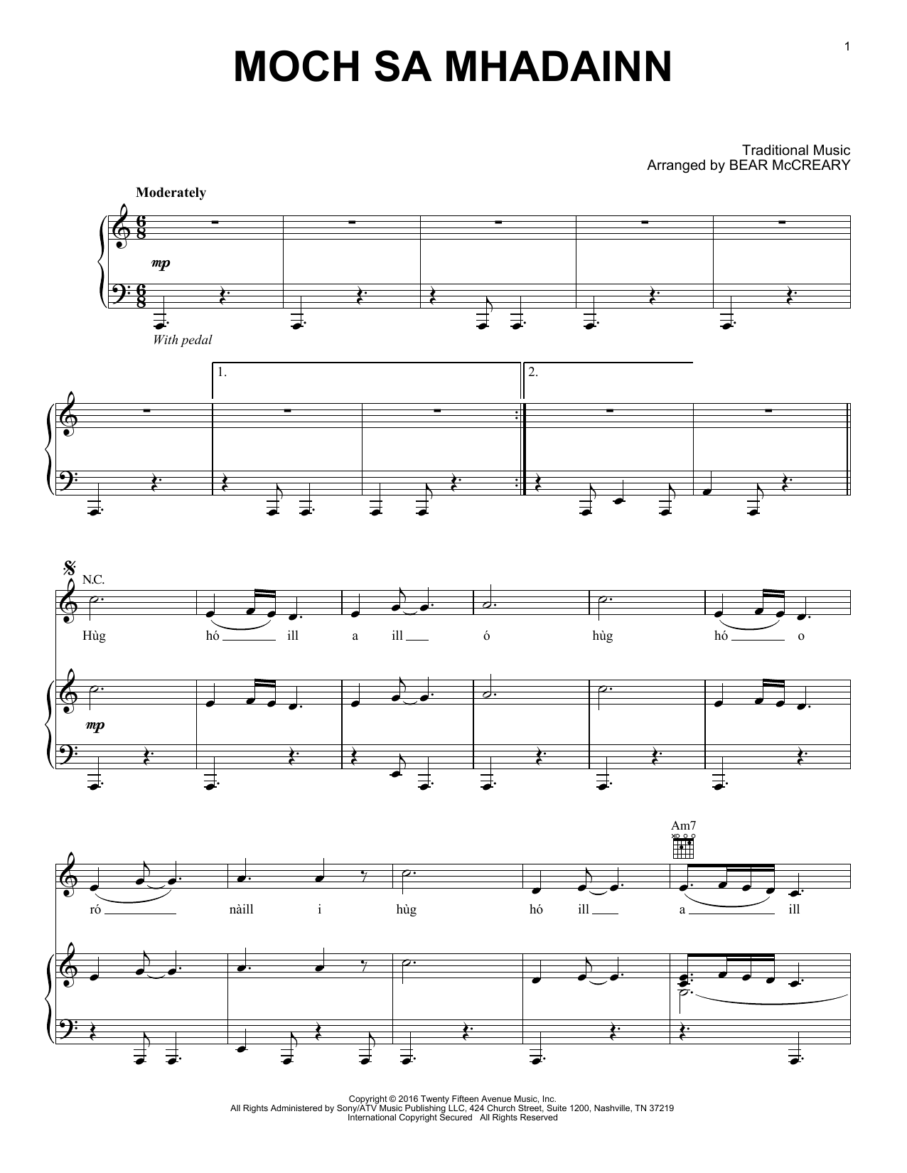 Bear McCreary Moch Sa Mhadainn (from Outlander) sheet music notes and chords arranged for Piano Solo