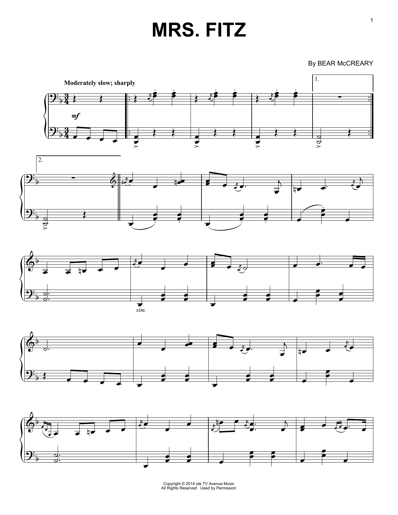 Bear McCreary Mrs. Fitz (from Outlander) sheet music notes and chords arranged for Piano Solo