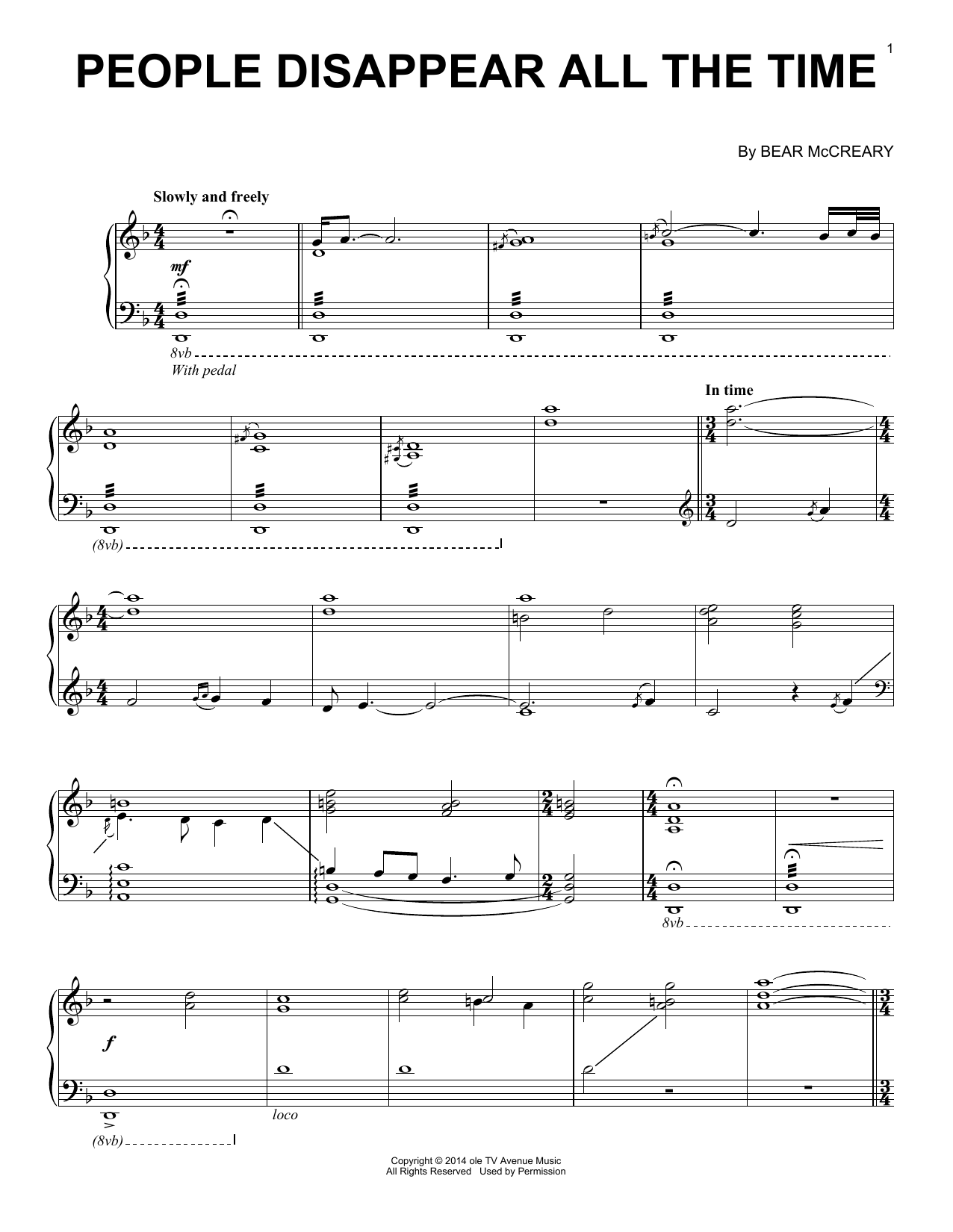 Bear McCreary People Disappear All The Time (from Outlander) sheet music notes and chords arranged for Piano Solo