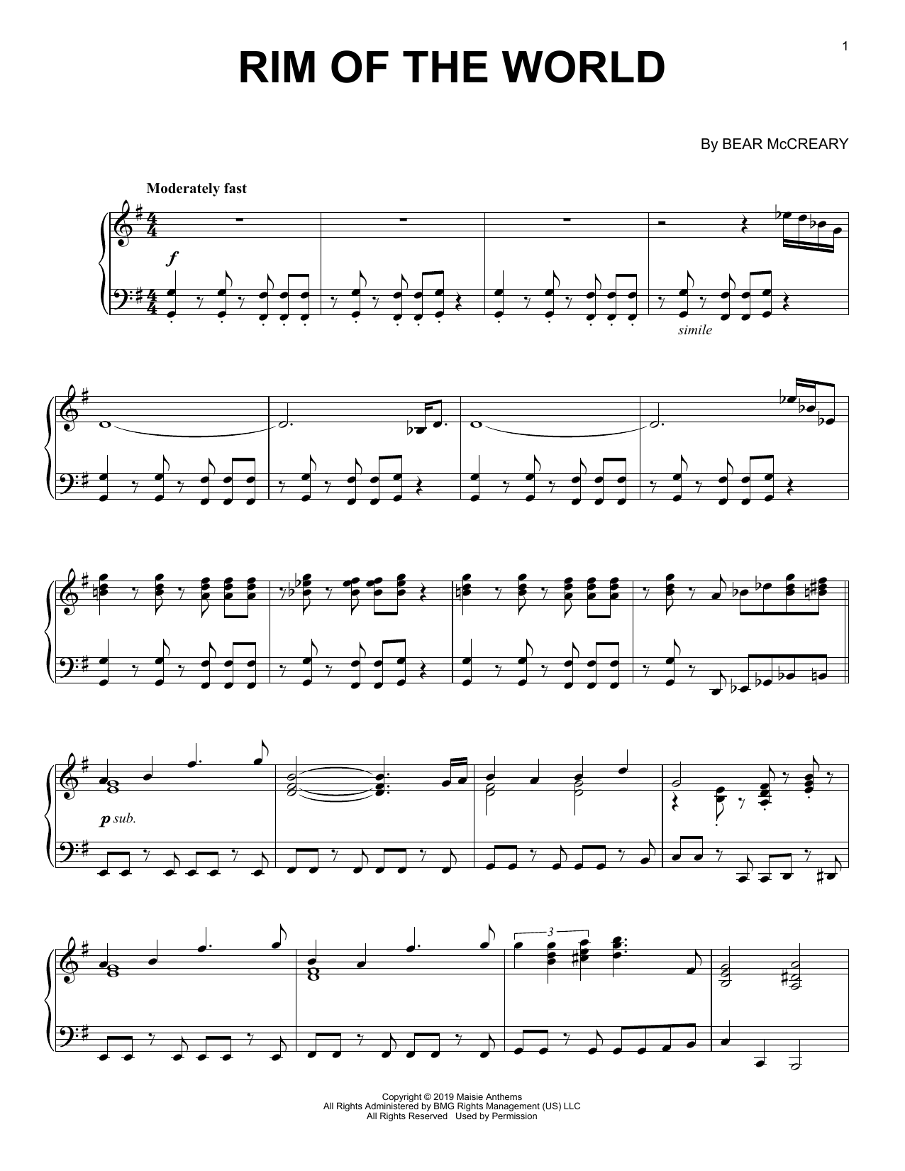 Bear McCreary Rim Of The World sheet music notes and chords arranged for Piano Solo