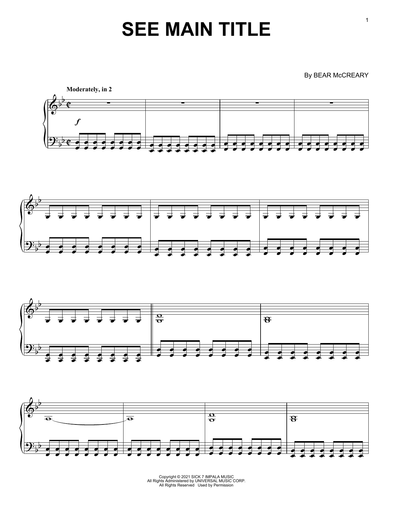 Bear McCreary See - Main Title Theme sheet music notes and chords arranged for Piano Solo