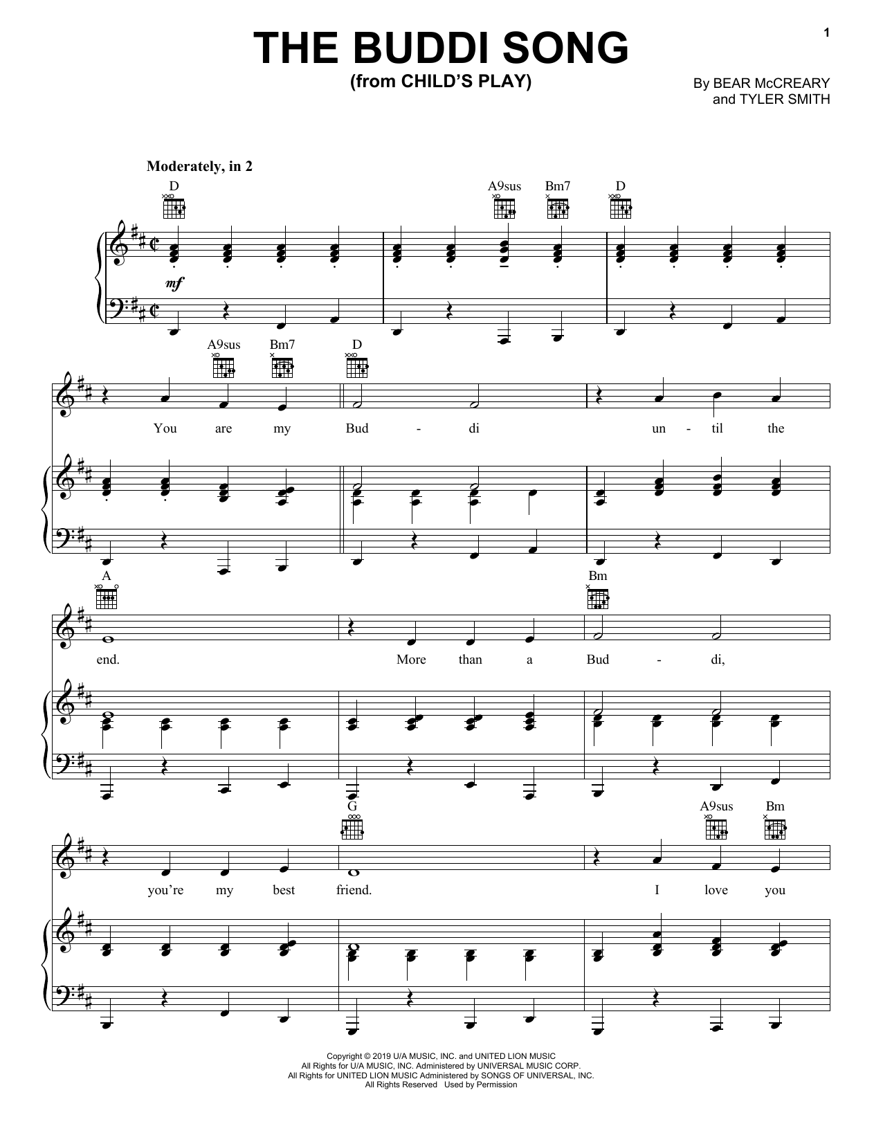 Bear McCreary The Buddi Song (from Child's Play) sheet music notes and chords arranged for Piano, Vocal & Guitar Chords (Right-Hand Melody)