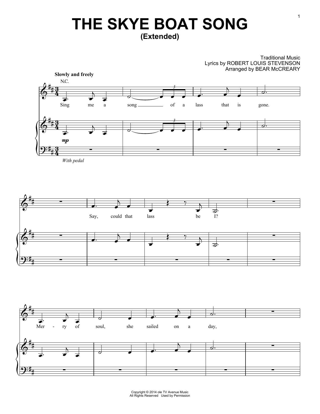 Bear McCreary The Skye Boat Song (Extended) (from Outlander) sheet music notes and chords arranged for Piano, Vocal & Guitar Chords (Right-Hand Melody)