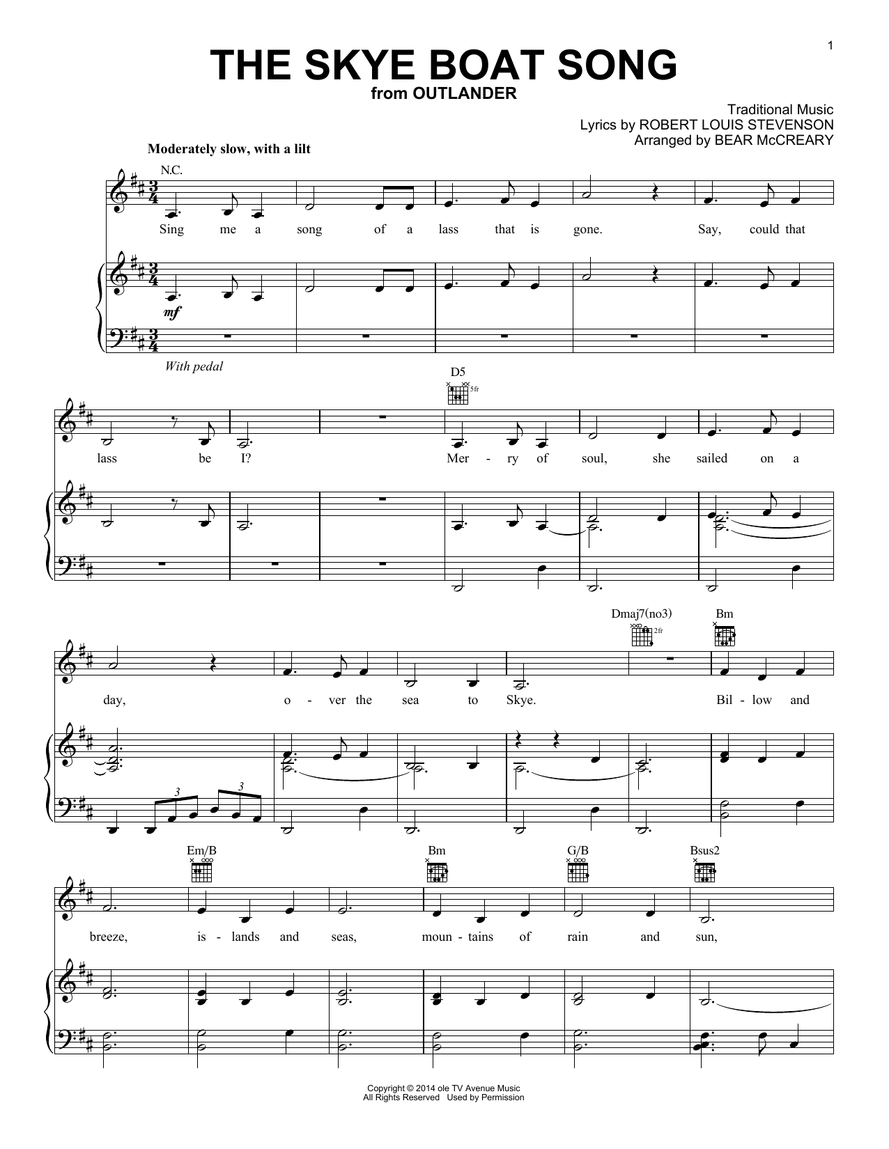 Bear McCreary The Skye Boat Song (from Outlander) sheet music notes and chords arranged for Piano, Vocal & Guitar Chords (Right-Hand Melody)