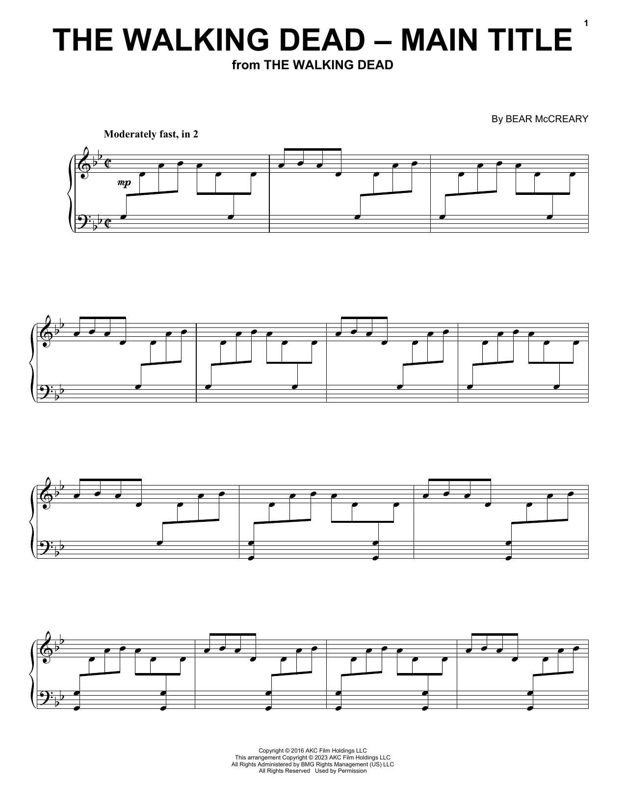 Bear McCreary The Walking Dead - Main Title sheet music notes and chords arranged for Piano Solo