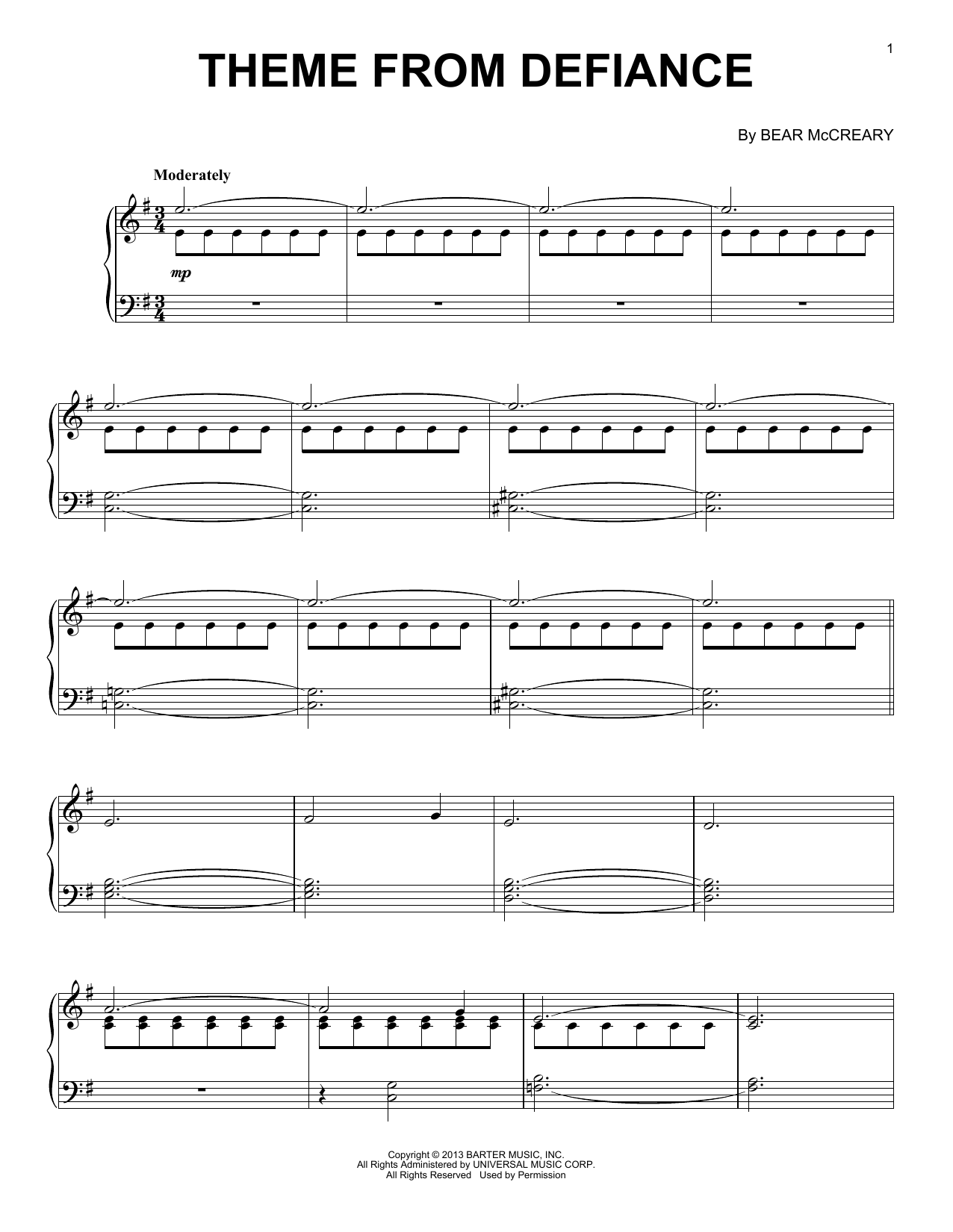 Bear McCreary Theme From Defiance sheet music notes and chords arranged for Piano Solo