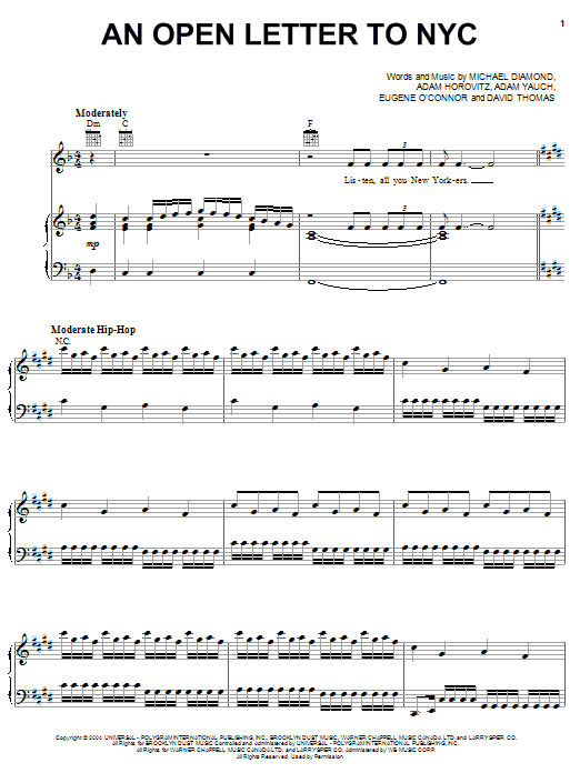 Beastie Boys An Open Letter To NYC sheet music notes and chords arranged for Piano, Vocal & Guitar Chords (Right-Hand Melody)