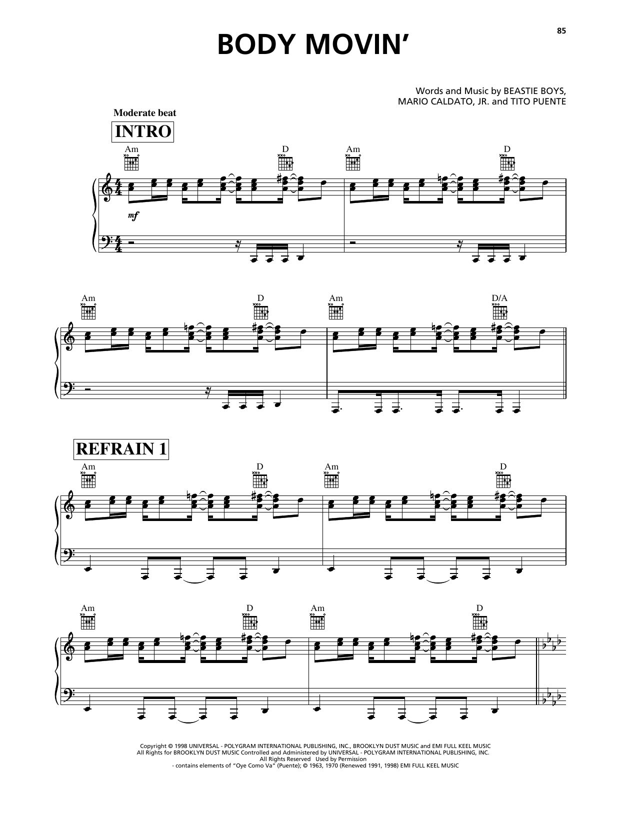 Beastie Boys Body Movin' sheet music notes and chords arranged for Piano, Vocal & Guitar Chords (Right-Hand Melody)