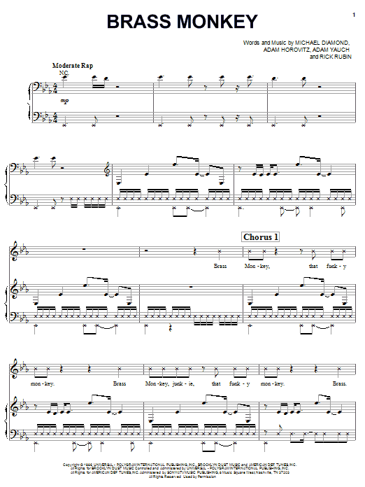 Beastie Boys Brass Monkey sheet music notes and chords arranged for Piano, Vocal & Guitar Chords (Right-Hand Melody)