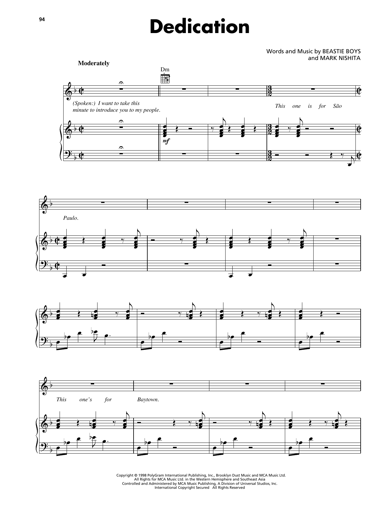 Beastie Boys Dedication sheet music notes and chords arranged for Piano, Vocal & Guitar Chords (Right-Hand Melody)