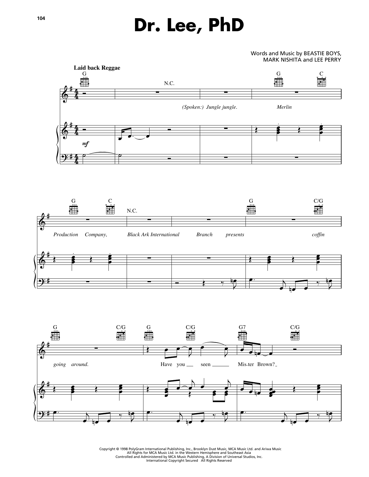 Beastie Boys Dr. Lee, PhD sheet music notes and chords arranged for Piano, Vocal & Guitar Chords (Right-Hand Melody)