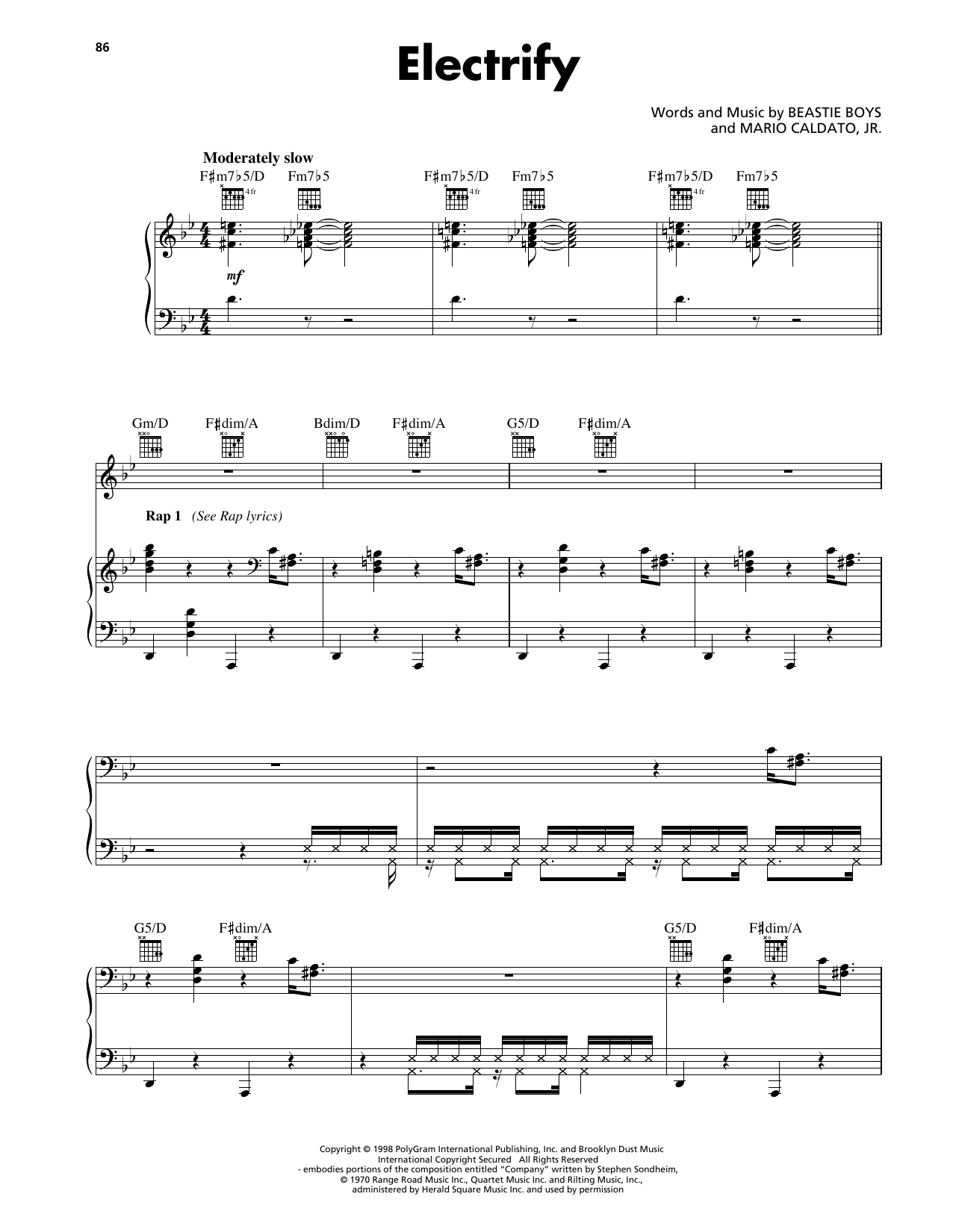 Beastie Boys Electrify sheet music notes and chords arranged for Piano, Vocal & Guitar Chords (Right-Hand Melody)