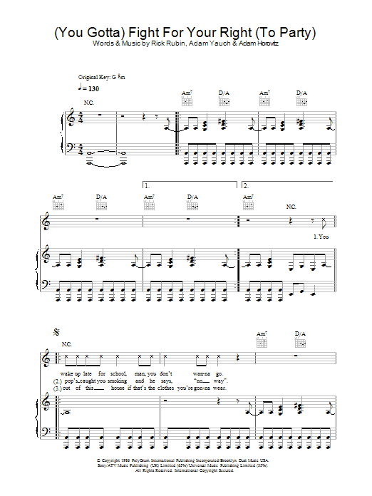 Beastie Boys Fight For Your Right (To Party) sheet music notes and chords arranged for Guitar Tab