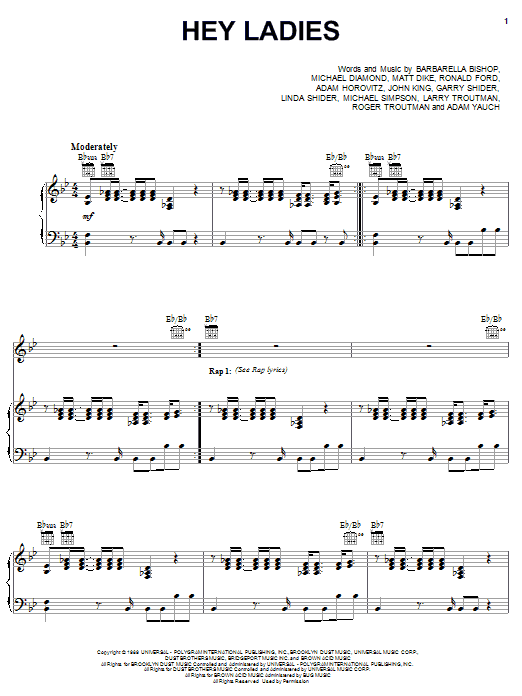 Beastie Boys Hey Ladies sheet music notes and chords arranged for Piano, Vocal & Guitar Chords (Right-Hand Melody)