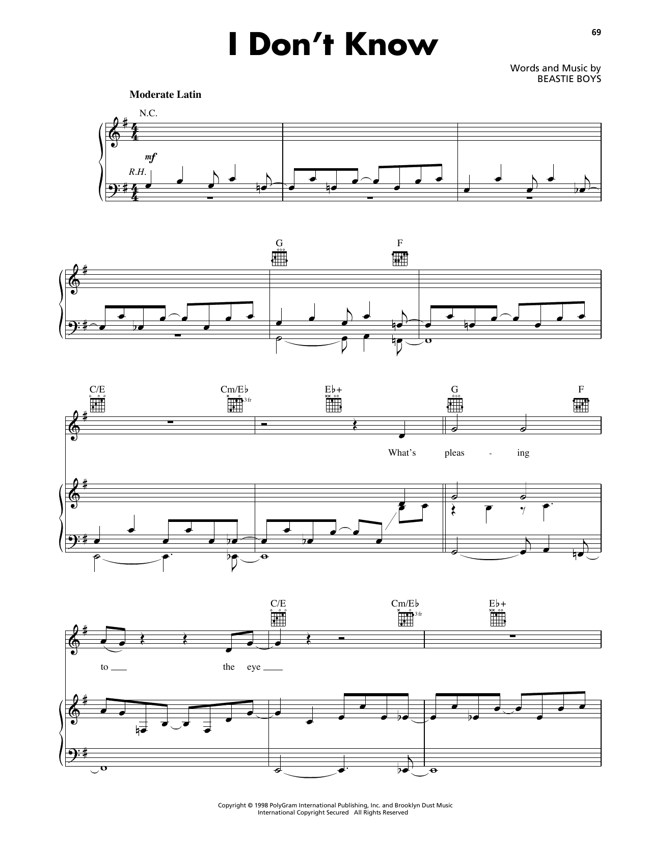 Beastie Boys I Don't Know sheet music notes and chords arranged for Piano, Vocal & Guitar Chords (Right-Hand Melody)