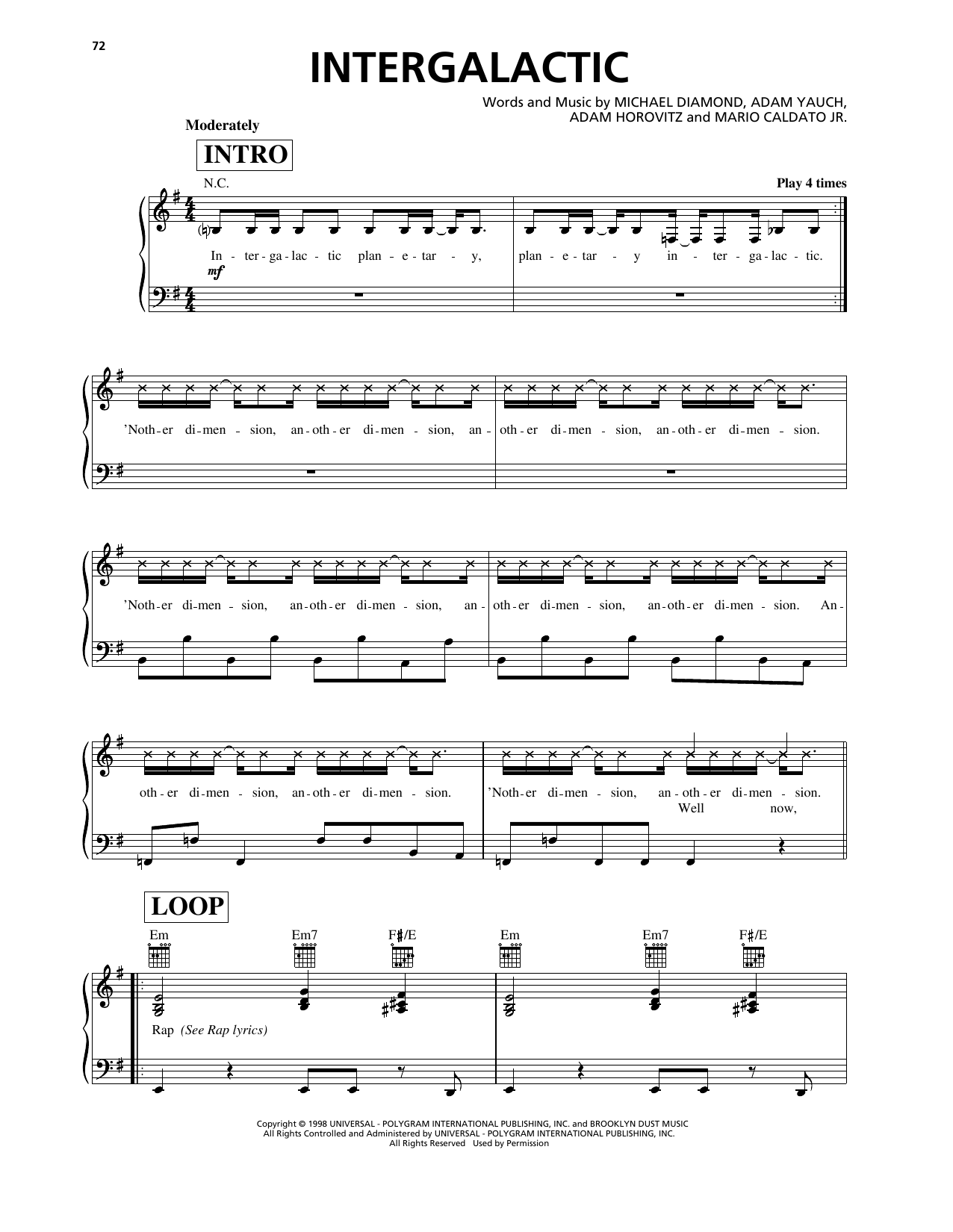 Beastie Boys Intergalactic sheet music notes and chords arranged for Piano, Vocal & Guitar Chords (Right-Hand Melody)
