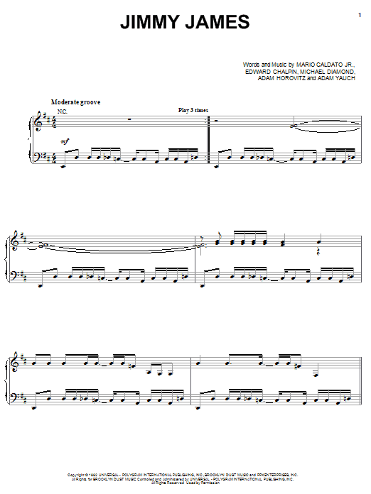 Beastie Boys Jimmy James sheet music notes and chords arranged for Piano, Vocal & Guitar Chords (Right-Hand Melody)