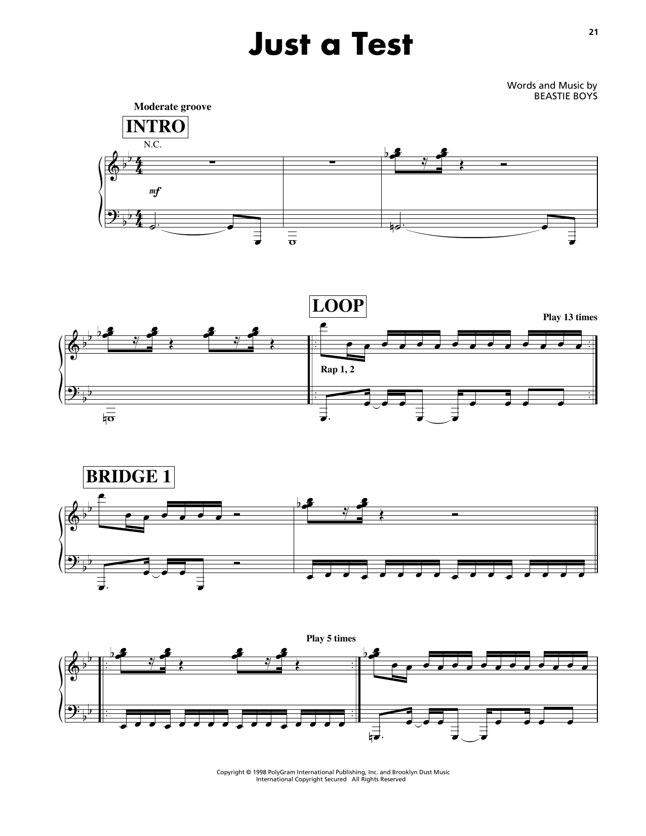 Beastie Boys Just A Test sheet music notes and chords arranged for Piano, Vocal & Guitar Chords (Right-Hand Melody)