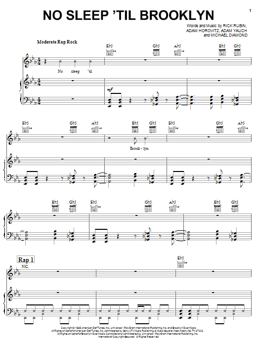 Beastie Boys No Sleep Till Brooklyn sheet music notes and chords arranged for Piano, Vocal & Guitar Chords (Right-Hand Melody)
