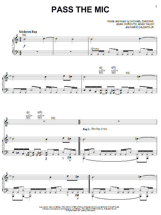 Beastie Boys Pass The Mic sheet music notes and chords arranged for Piano, Vocal & Guitar Chords (Right-Hand Melody)