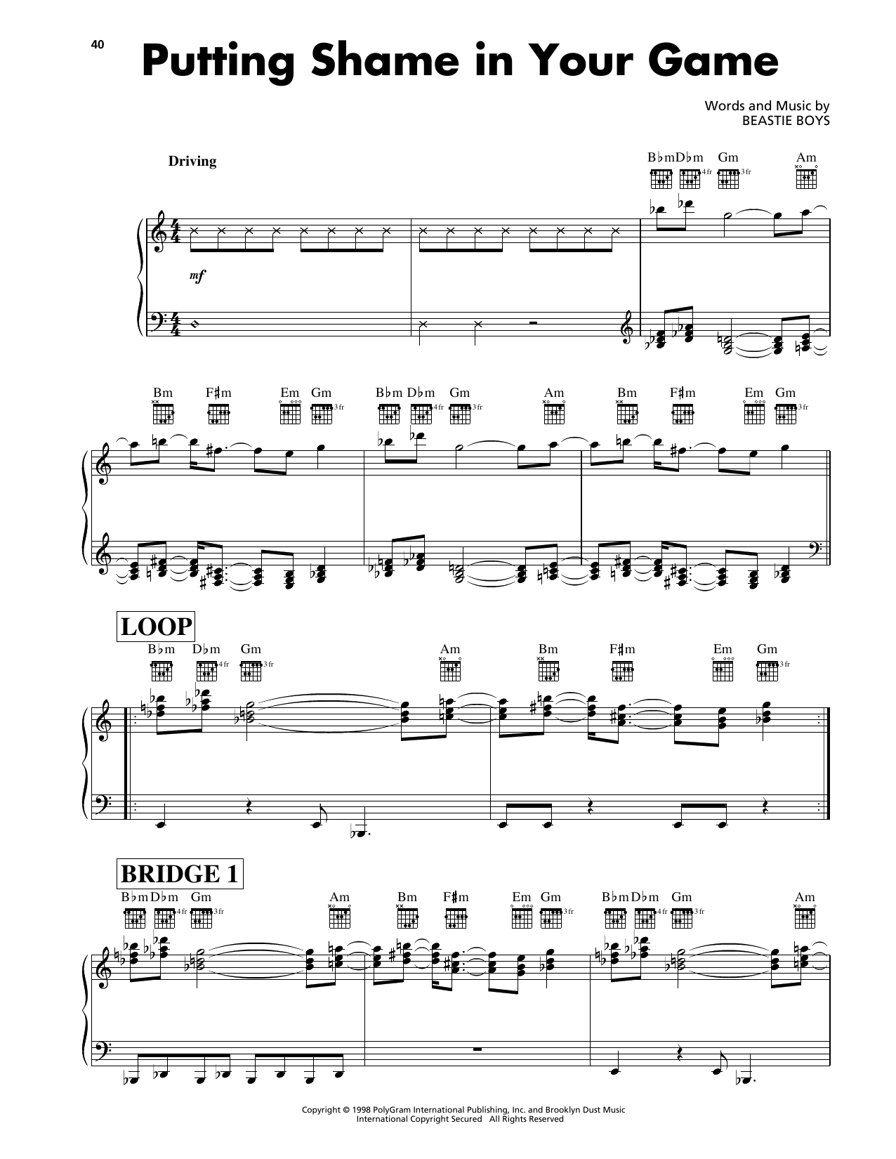Beastie Boys Putting Shame In Your Game sheet music notes and chords arranged for Piano, Vocal & Guitar Chords (Right-Hand Melody)