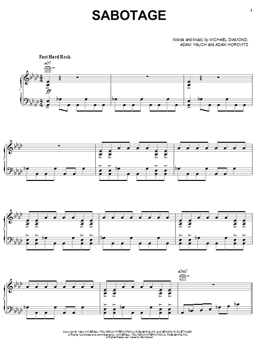 Beastie Boys Sabotage sheet music notes and chords arranged for Piano, Vocal & Guitar Chords (Right-Hand Melody)