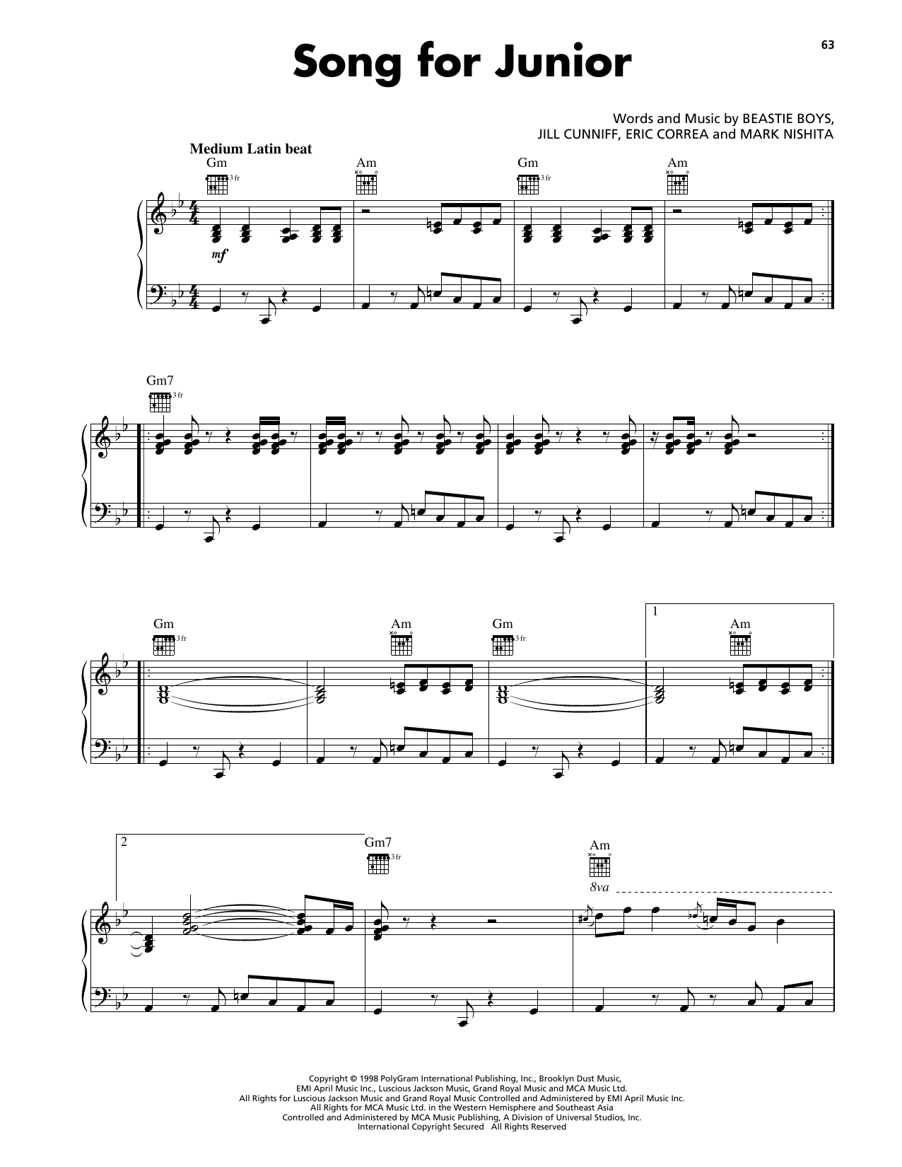 Beastie Boys Song For Junior sheet music notes and chords arranged for Piano, Vocal & Guitar Chords (Right-Hand Melody)