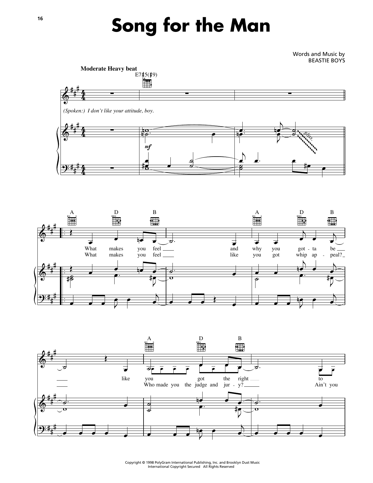 Beastie Boys Song For The Man sheet music notes and chords arranged for Piano, Vocal & Guitar Chords (Right-Hand Melody)