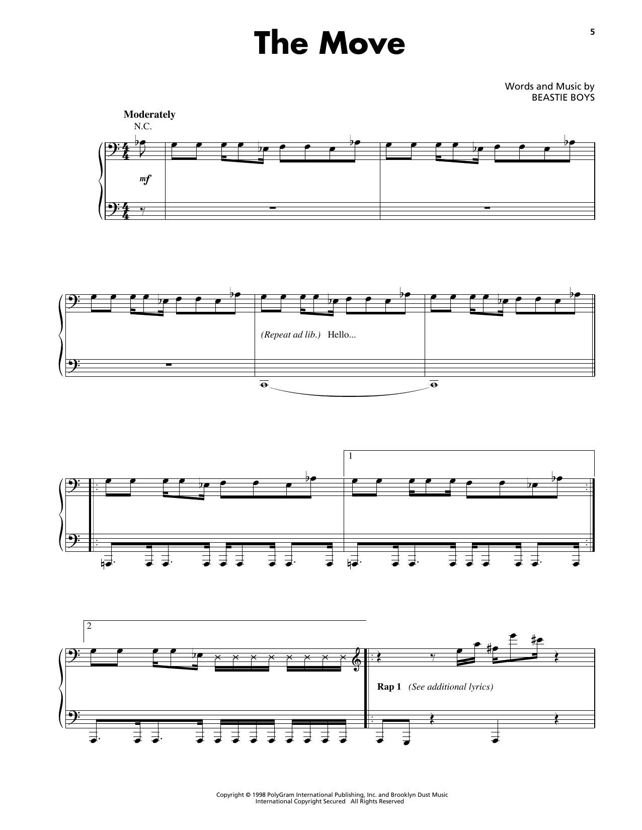 Beastie Boys The Move sheet music notes and chords arranged for Piano, Vocal & Guitar Chords (Right-Hand Melody)