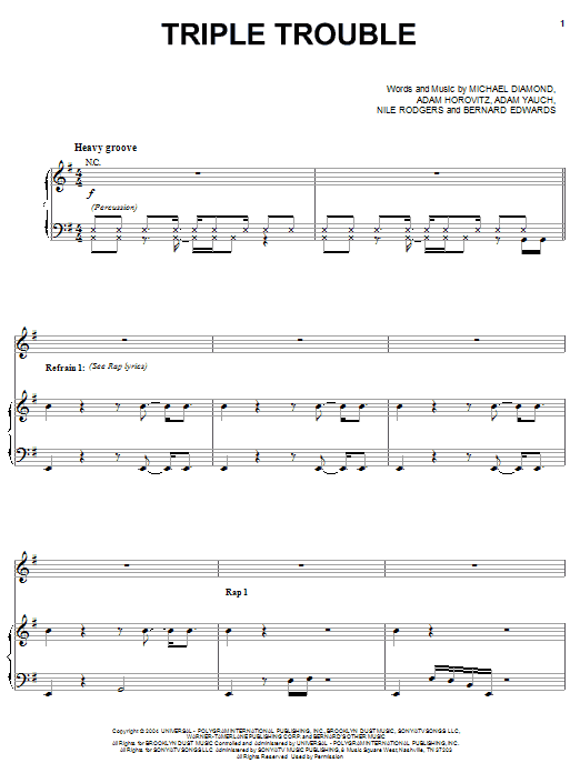 Beastie Boys Triple Trouble sheet music notes and chords arranged for Piano, Vocal & Guitar Chords (Right-Hand Melody)