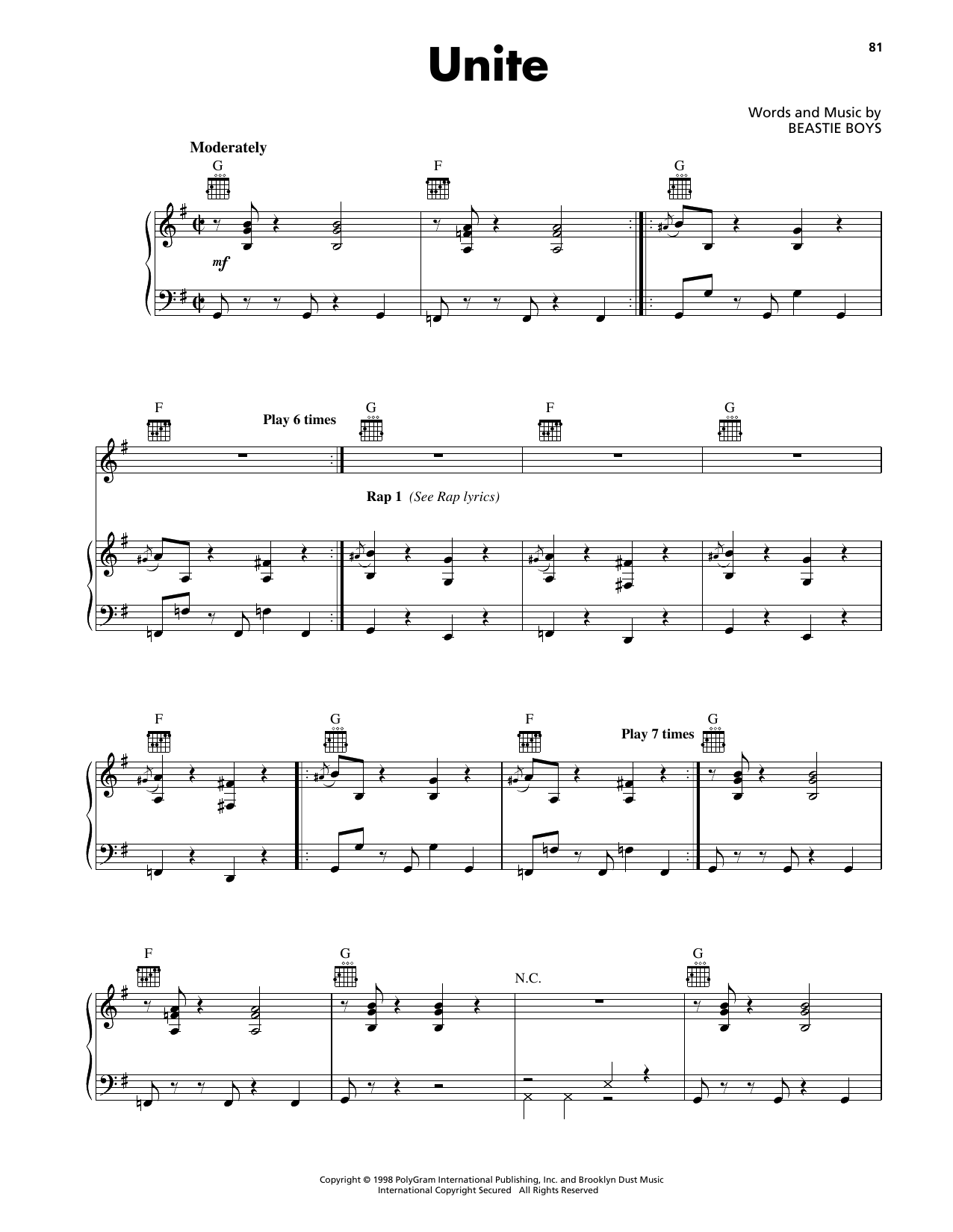 Beastie Boys Unite sheet music notes and chords arranged for Piano, Vocal & Guitar Chords (Right-Hand Melody)