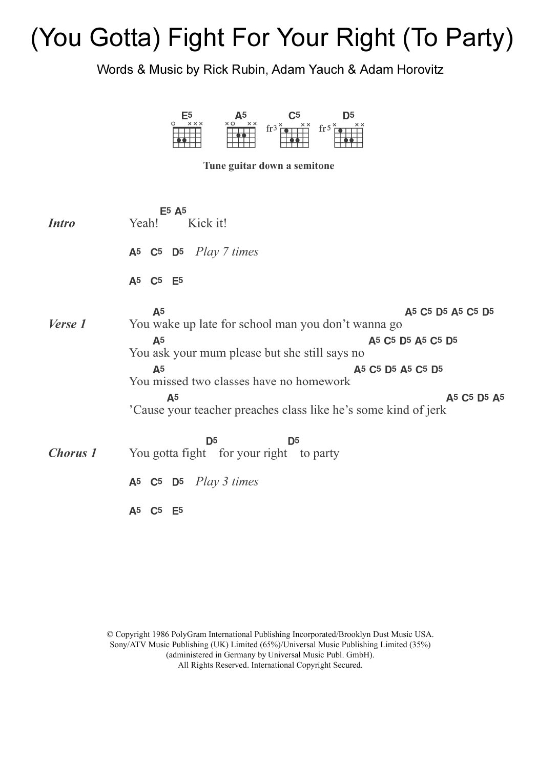 Beastie Boys (You Gotta) Fight For Your Right (To Party) sheet music notes and chords arranged for Guitar Chords/Lyrics