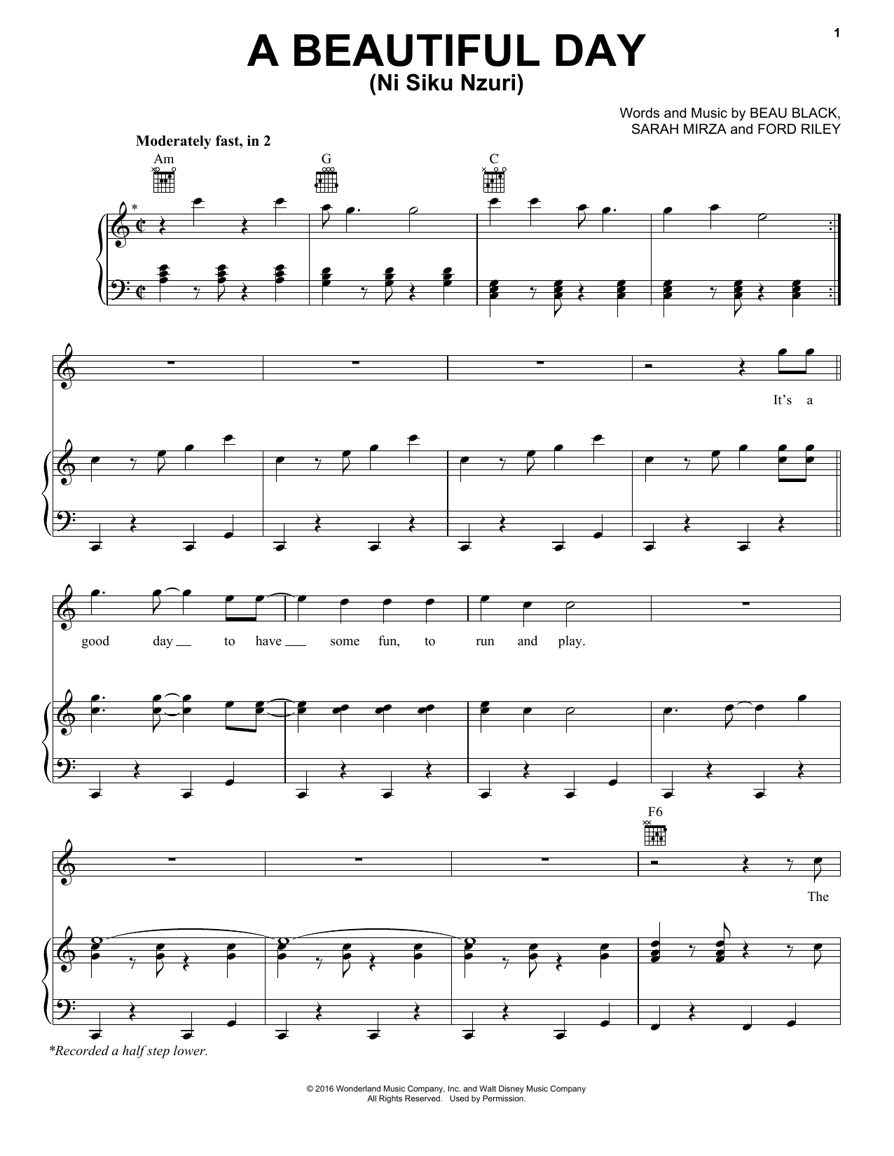 Ford Riley A Beautiful Day sheet music notes and chords arranged for Piano, Vocal & Guitar Chords (Right-Hand Melody)