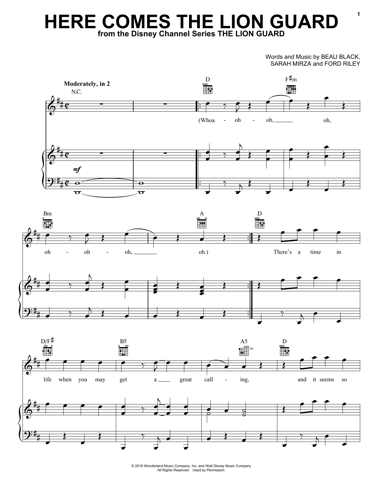 Beau Black Here Comes The Lion Guard sheet music notes and chords arranged for Piano, Vocal & Guitar Chords (Right-Hand Melody)
