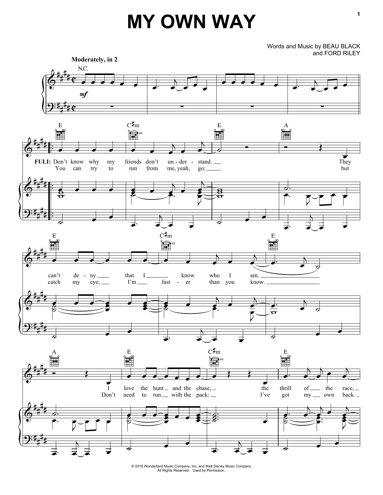 Beau Black My Own Way sheet music notes and chords arranged for Piano, Vocal & Guitar Chords (Right-Hand Melody)