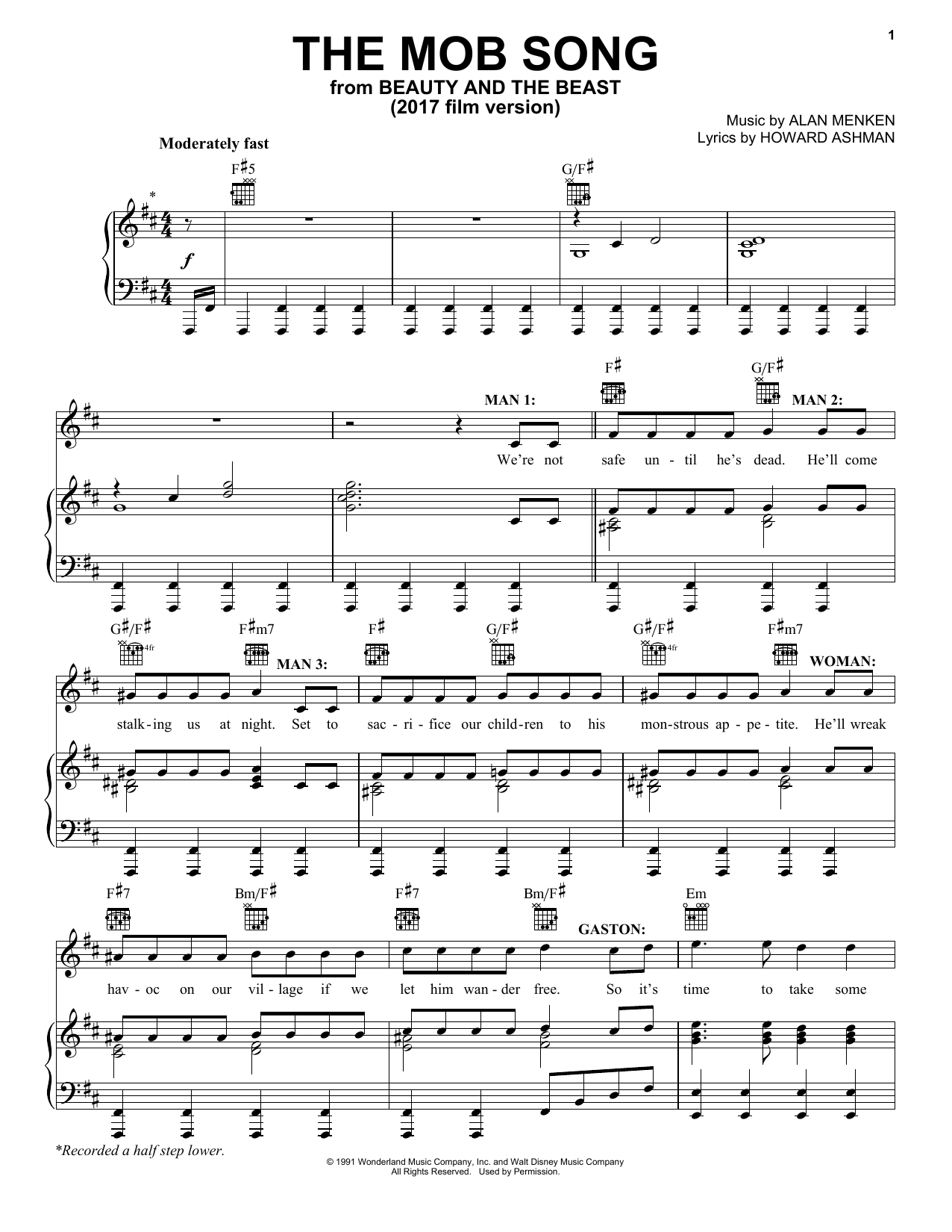 Beauty and the Beast Cast The Mob Song (from Beauty And The Beast) sheet music notes and chords arranged for Piano, Vocal & Guitar Chords (Right-Hand Melody)