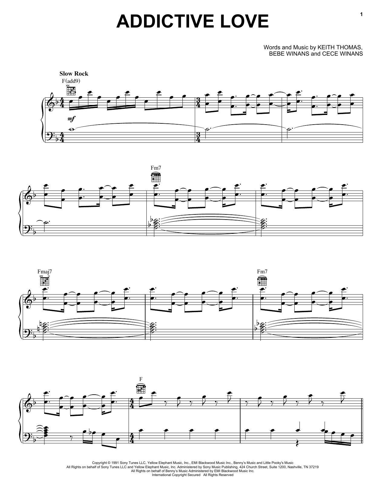 BeBe and CeCe Winans Addictive Love sheet music notes and chords arranged for Piano, Vocal & Guitar Chords (Right-Hand Melody)