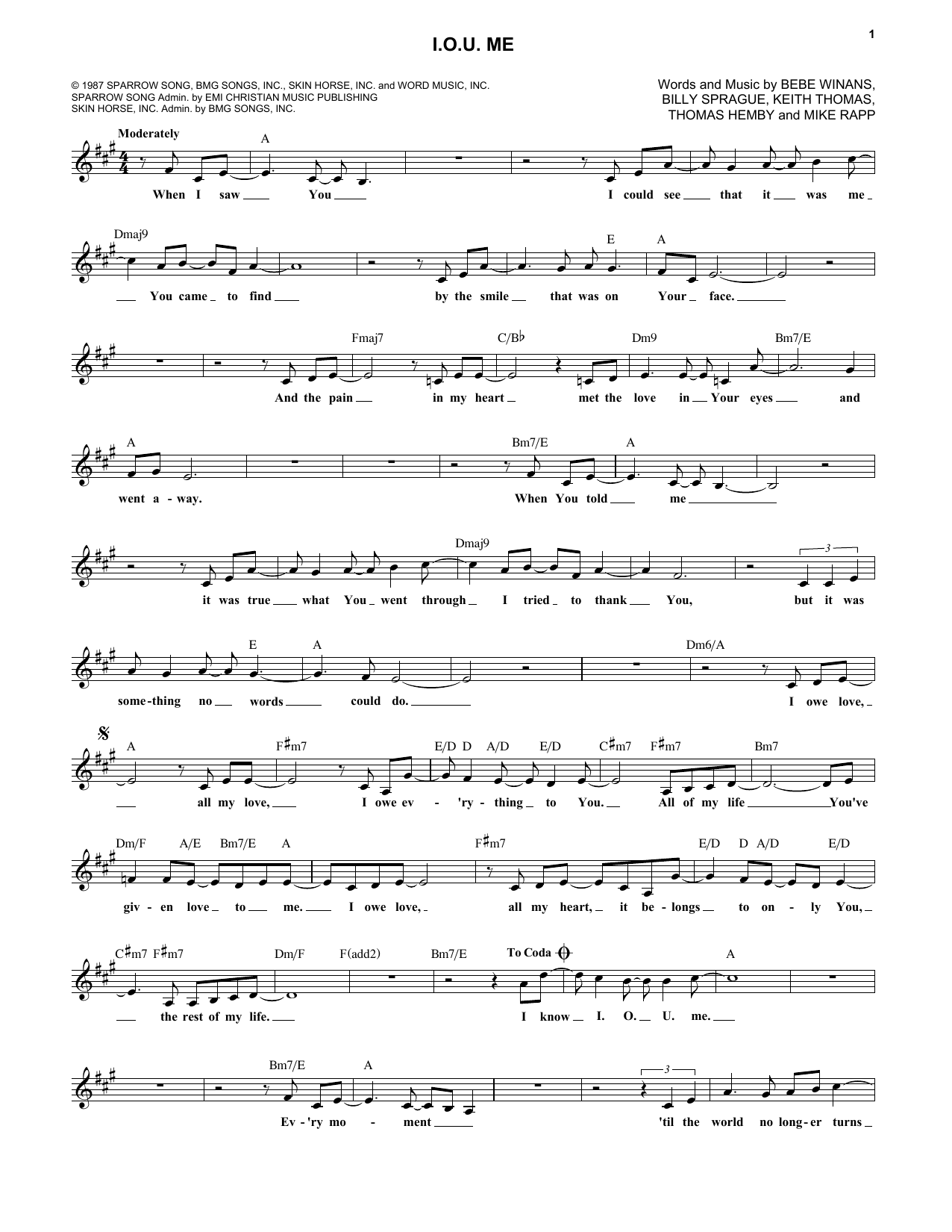 BeBe and CeCe Winans I.O.U. Me sheet music notes and chords arranged for Lead Sheet / Fake Book