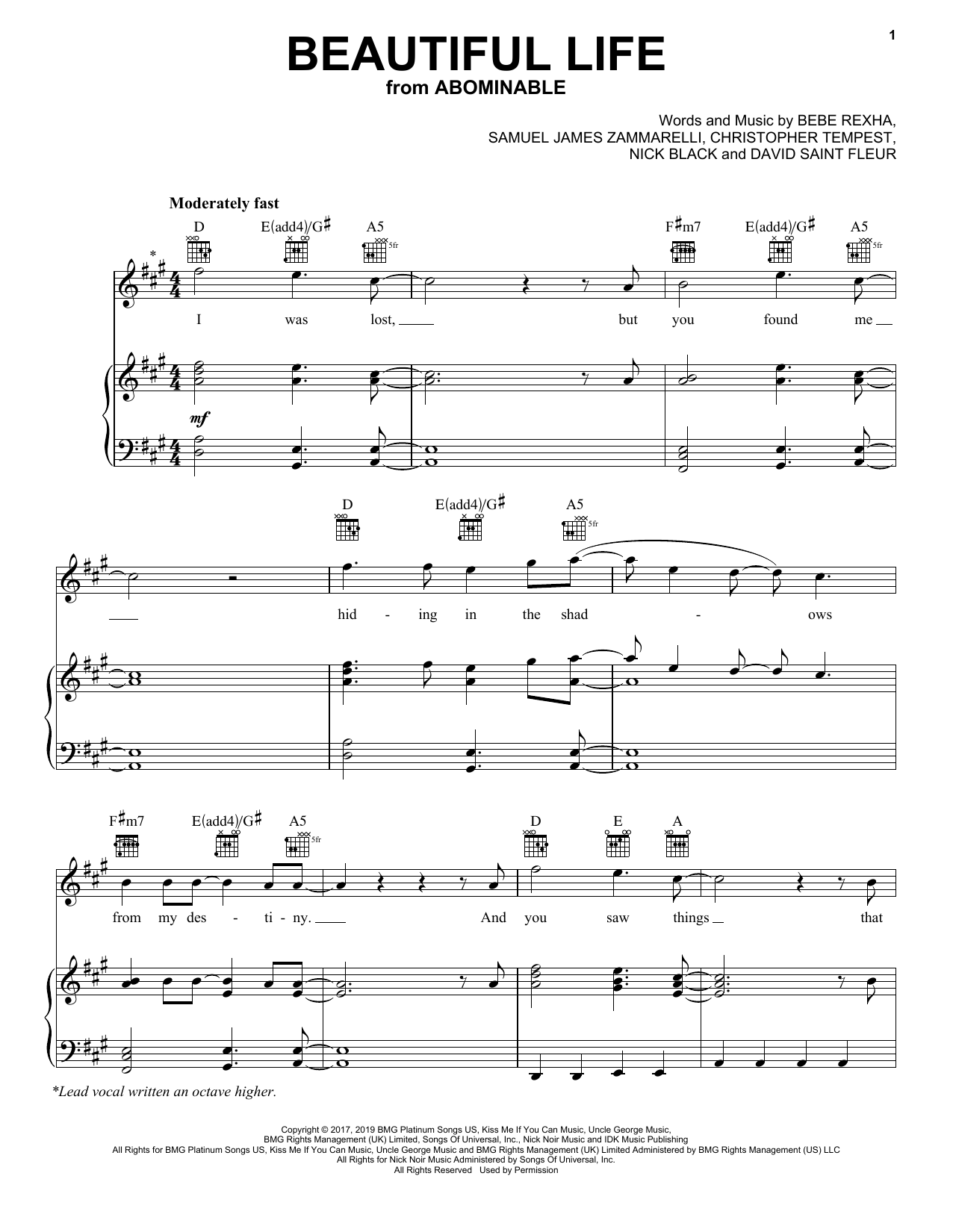 Bebe Rexha Beautiful Life (from the Motion Picture Abominable) sheet music notes and chords arranged for Piano, Vocal & Guitar Chords (Right-Hand Melody)