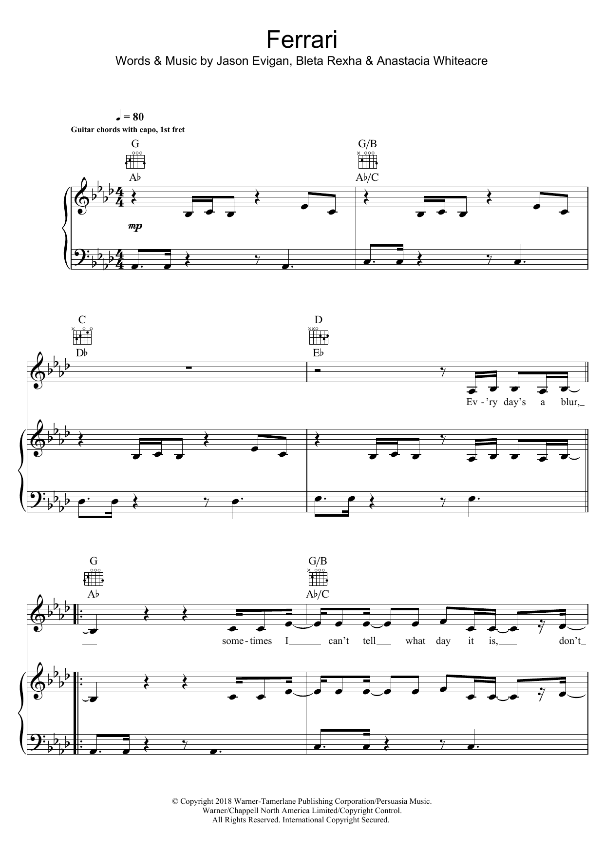 Bebe Rexha Ferrari sheet music notes and chords arranged for Piano, Vocal & Guitar Chords