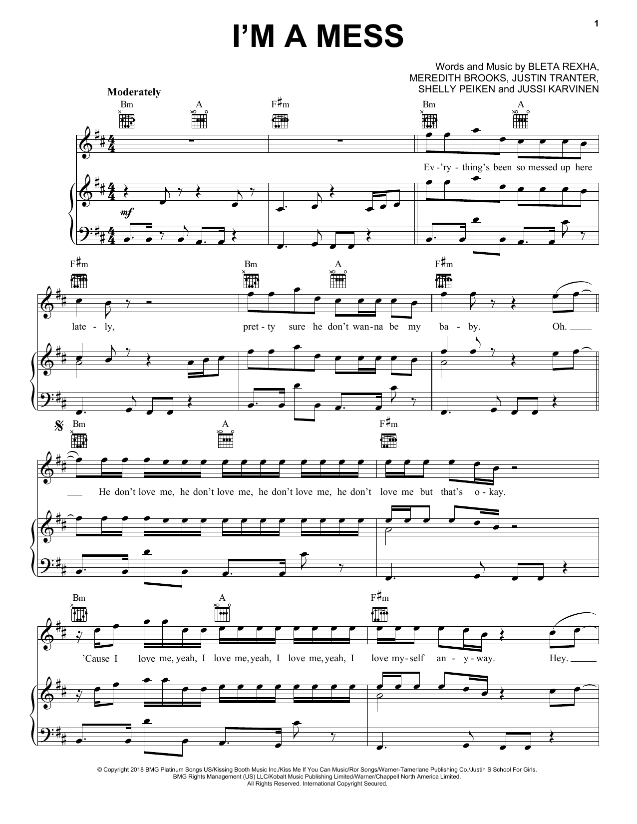 Bebe Rexha I'm A Mess sheet music notes and chords arranged for Piano, Vocal & Guitar Chords (Right-Hand Melody)