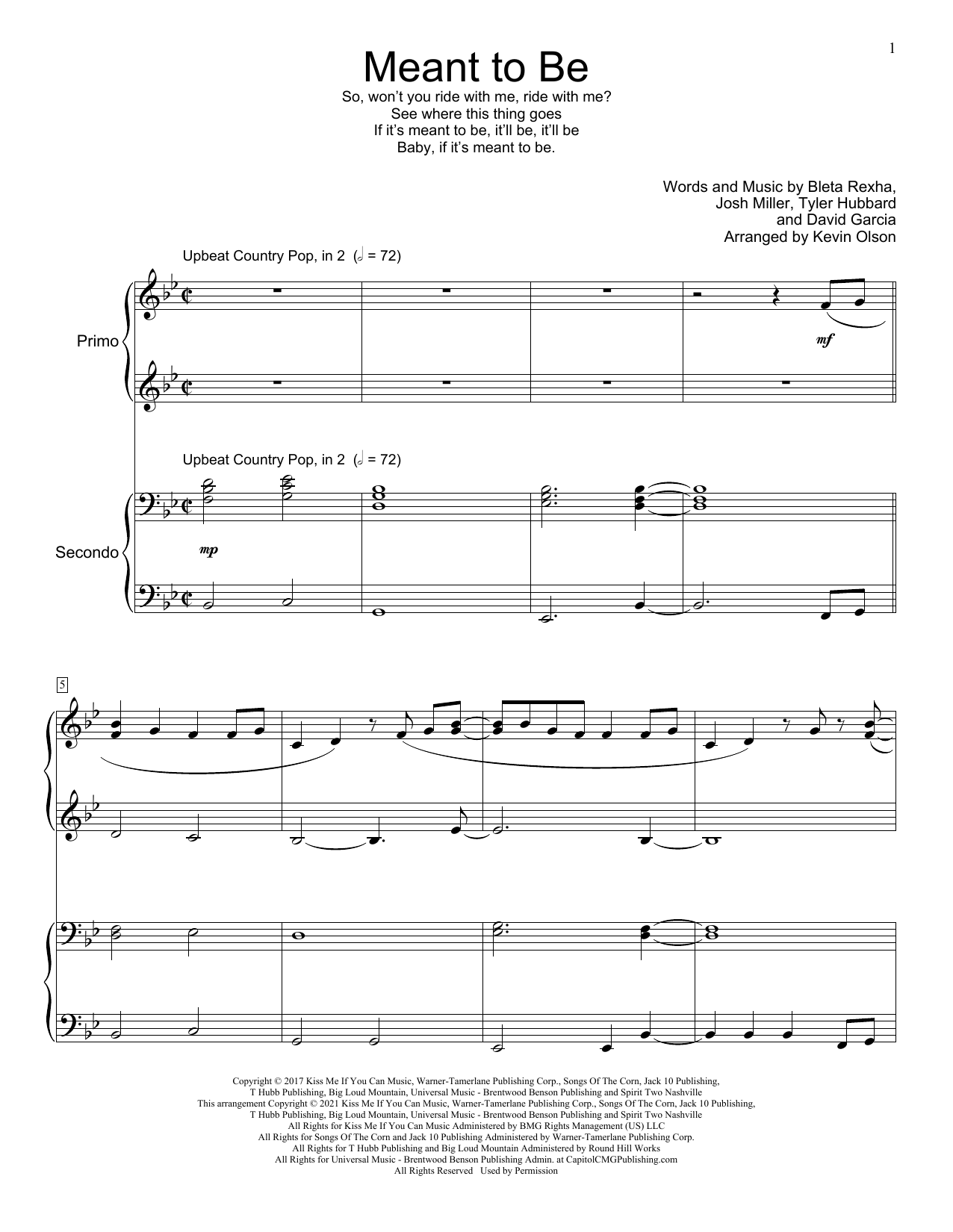 Bebe Rexha Meant To Be (feat. Florida Georgia Line) (arr. Kevin Olson) sheet music notes and chords arranged for Piano Duet