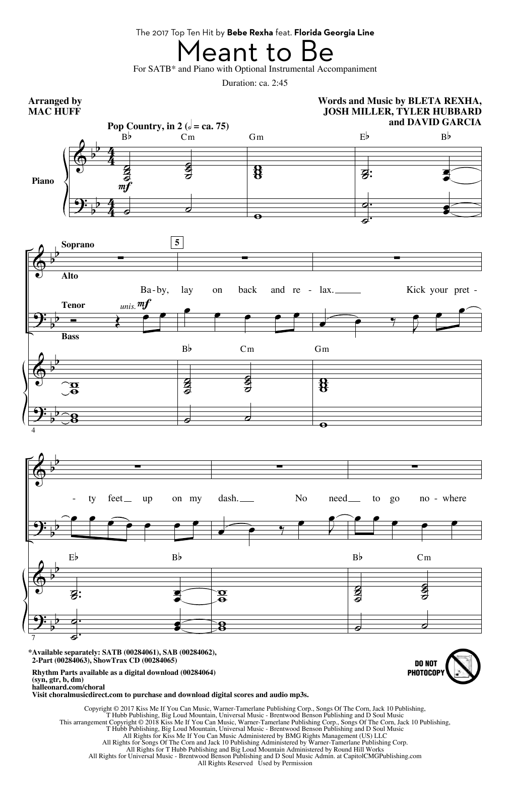 Bebe Rexha Meant To Be (feat. Florida Georgia Line) (arr. Mac Huff) sheet music notes and chords arranged for SAB Choir