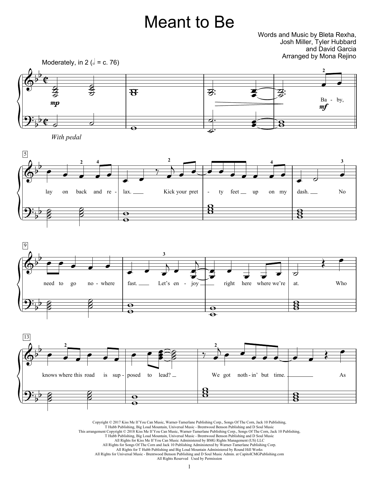 Bebe Rexha Meant To Be (feat. Florida Georgia Line) (arr. Mona Rejino) sheet music notes and chords arranged for Educational Piano