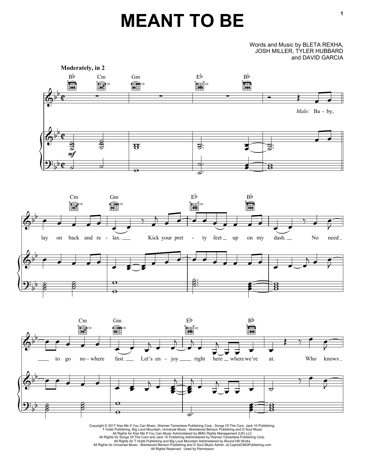 Bebe Rexha Meant To Be (feat. Florida Georgia Line) sheet music notes and chords arranged for Easy Piano